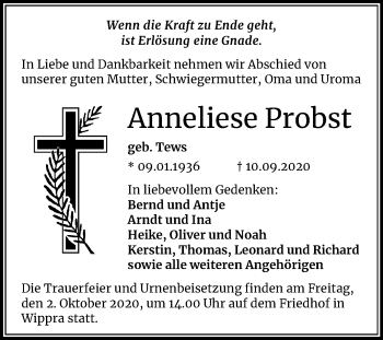 Traueranzeige von Anneliese Probst von Mitteldeutsche Zeitung Mansfelder Land