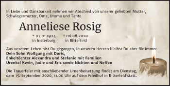 Traueranzeige von Anneliese Rosig von Wochenspiegel Bitterfeld