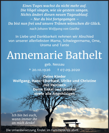 Traueranzeige von Annemarie Bathelt von Mitteldeutsche Zeitung Köthen