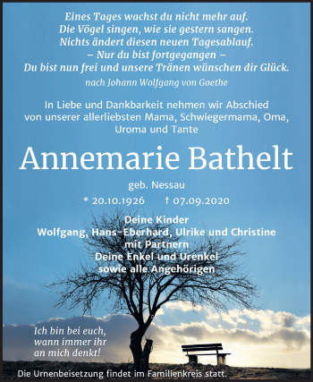 Traueranzeige von Annemarie Bathelt von Super Sonntag Köthen