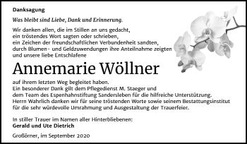 Traueranzeige von Annemarie Wöllner von Mitteldeutsche Zeitung Mansfelder Land