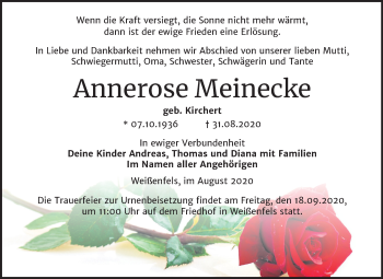 Traueranzeige von Annerose Meinecke von Wochenspiegel Weißenfels