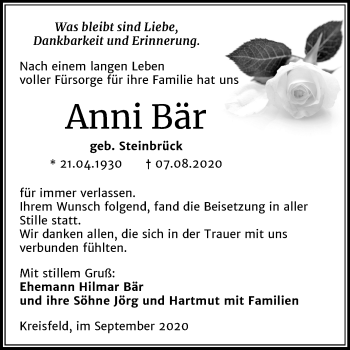 Traueranzeige von Anni Bär von Mitteldeutsche Zeitung Mansfelder Land