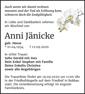 Traueranzeige von Anni Jänicke von Mitteldeutsche Zeitung Bitterfeld