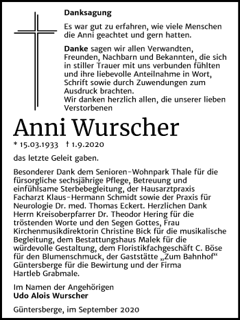 Traueranzeige von Anni Wurscher von Mitteldeutsche Zeitung Quedlinburg