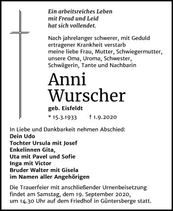 Traueranzeige von Anni Wurscher von Mitteldeutsche Zeitung Quedlinburg