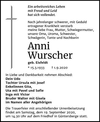 Traueranzeige von Anni Wurscher von Super Sonntag Quedlinburg