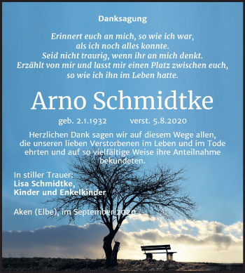 Traueranzeige von Arno Schmidtke von Mitteldeutsche Zeitung Köthen