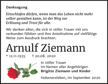 Traueranzeige von Arnulf Ziemann von Wochenspiegel Aschersleben