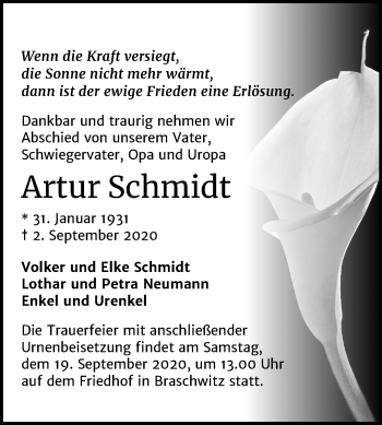 Traueranzeige von Artur Schmidt von Mitteldeutsche Zeitung Halle/Saalkreis