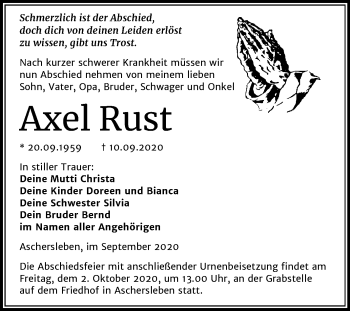 Traueranzeige von Axel Rust von Super Sonntag Aschersleben
