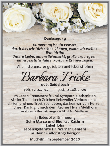 Traueranzeige von Barbara Fricke von Mitteldeutsche Zeitung Merseburg/Querfurt