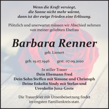 Traueranzeige von Barbara Renner von Mitteldeutsche Zeitung Bitterfeld