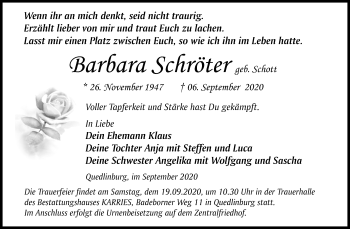 Traueranzeige von Barbara Schröter von Mitteldeutsche Zeitung Quedlinburg