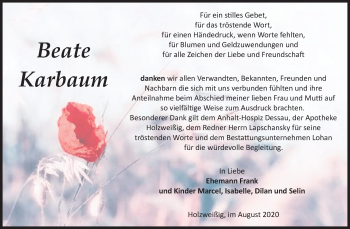 Traueranzeige von Beate Karbaum von Wochenspiegel Bitterfeld