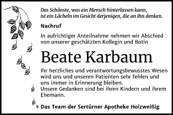 Traueranzeige von Beate Karbaum von Wochenspiegel Bitterfeld
