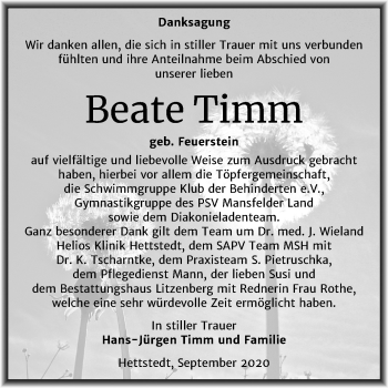 Traueranzeige von Beate Timm von Mitteldeutsche Zeitung Mansfelder Land
