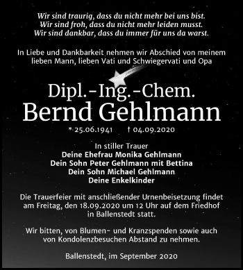 Traueranzeige von Bernd Gehlmann von Mitteldeutsche Zeitung Quedlinburg