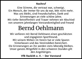 Traueranzeige von Bernd Oehlmann von Super Sonntag Wittenberg