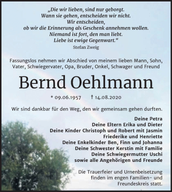 Traueranzeige von Bernd Oehlmann von Super Sonntag Wittenberg