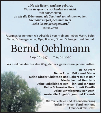 Traueranzeige von Bernd Oehlmann von Mitteldeutsche Zeitung Wittenberg