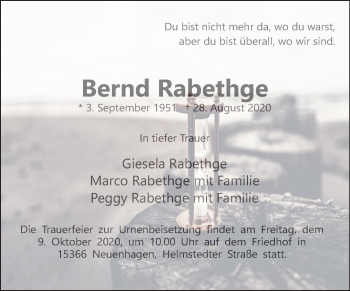 Traueranzeige von Bernd Rabethge von Mitteldeutsche Zeitung Quedlinburg