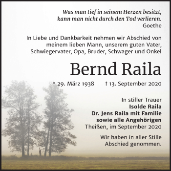 Traueranzeige von Bernd Raila von Super Sonntag Zeitz