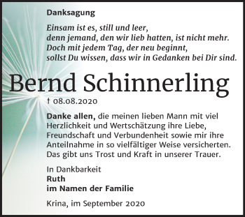 Traueranzeige von Bernd Schinnerling von Wochenspiegel Bitterfeld