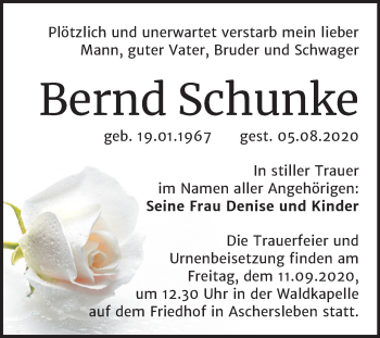 Traueranzeige von Bernd Schunke von Super Sonntag Aschersleben