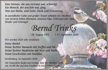 Traueranzeige von Bernd Trinks von Super Sonntag Quedlinburg