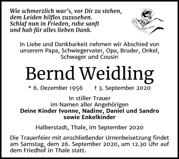 Traueranzeige von Bernd Weidling von Mitteldeutsche Zeitung Quedlinburg