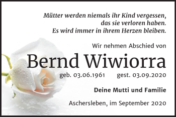 Traueranzeige von Bernd Wiwiorra von Mitteldeutsche Zeitung Aschersleben