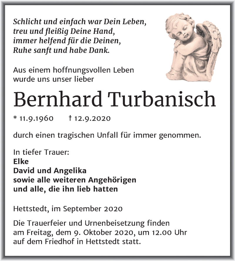  Traueranzeige für Bernhard Turbanisch vom 26.09.2020 aus Mitteldeutsche Zeitung Mansfelder Land