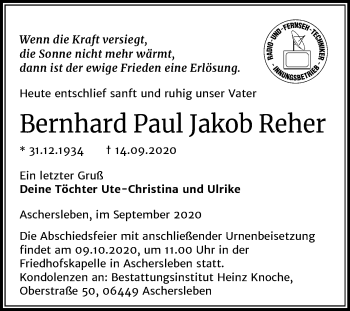 Traueranzeige von Bernhard Paul Jakob Reher von Super Sonntag Aschersleben