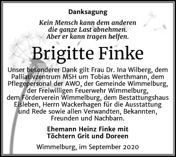 Traueranzeige von Brigitte Finke von Mitteldeutsche Zeitung Mansfelder Land
