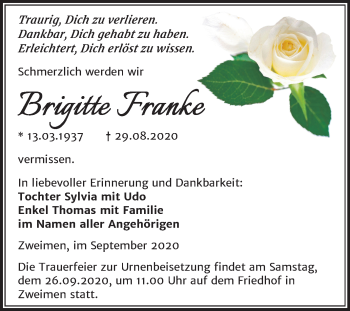 Traueranzeige von Brigitte Franke von Super Sonntag Merseburg/Querfurt