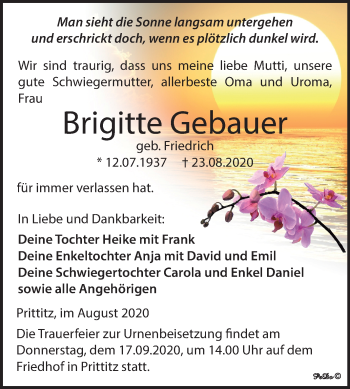 Traueranzeige von Brigitte Gebauer von Mitteldeutsche Zeitung Weißenfels