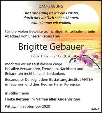 Traueranzeige von Brigitte Gebauer von Wochenspiegel Weißenfels
