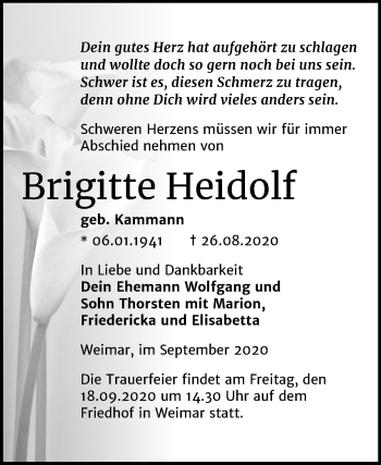 Traueranzeige von Brigitte Heidolf von Mitteldeutsche Zeitung Halle/Saalkreis