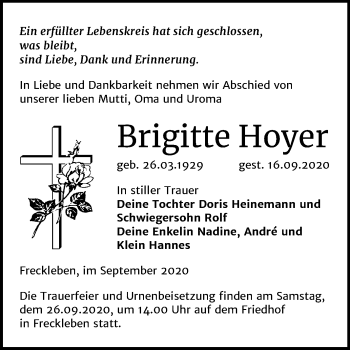 Traueranzeige von Brigitte Hoyer von Wochenspiegel Aschersleben