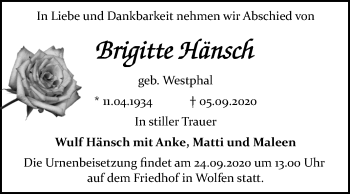 Traueranzeige von Brigitte Hänsch von Mitteldeutsche Zeitung Köthen