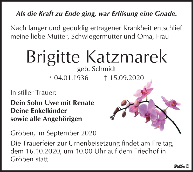  Traueranzeige für Brigitte Katzmarek vom 23.09.2020 aus Wochenspiegel Weißenfels