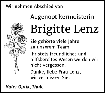 Traueranzeige von Brigitte Lenz von Mitteldeutsche Zeitung Quedlinburg
