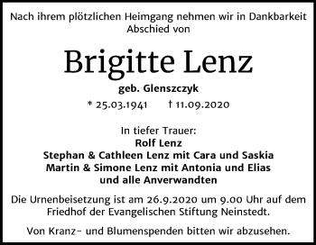 Traueranzeige von Brigitte Lenz von Mitteldeutsche Zeitung Quedlinburg