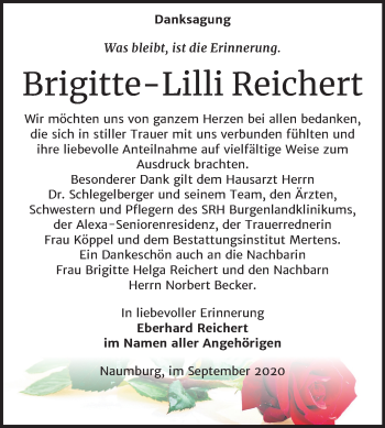 Traueranzeige von Brigitte-Lilli Reichert von Wochenspiegel Naumburg/Nebra