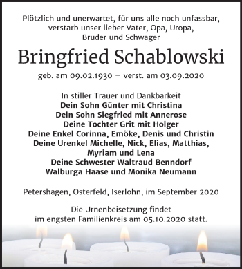Traueranzeige von Bringfried Schablowski von Super Sonntag Zeitz