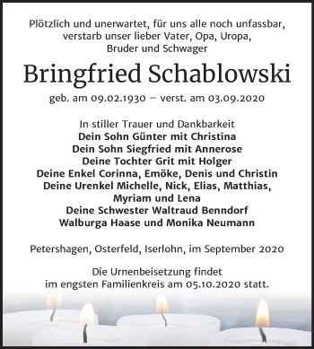 Traueranzeige von Bringfried Schablowski von Mitteldeutsche Zeitung Zeitz