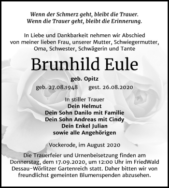 Traueranzeige von Brunhild Eule von Mitteldeutsche Zeitung Wittenberg