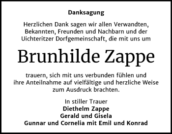 Traueranzeige von Brunhilde Zappe von Wochenspiegel Weißenfels