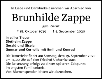 Traueranzeige von Brunhilde Zappe von Mitteldeutsche Zeitung Weißenfels